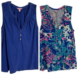 Lilly Pulitzer Lot Of 2 Essie Tops Womens Size XL Blue V-Neck Sleeveless. Cotton